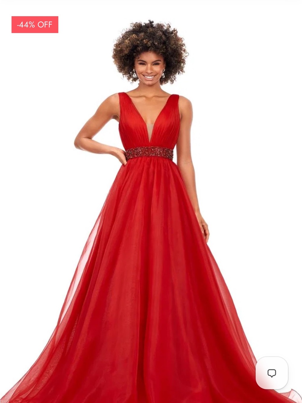 Red Plunge-Neck Prom Gown with Beaded Waist